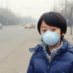 Child breathing through a surgical mask.