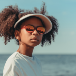 Girl on beach looking into camera through sunglasses.