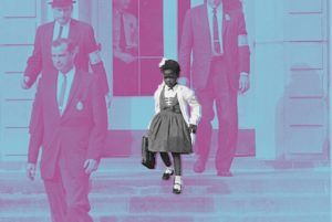 Ruby Bridges walking out of school escorted by U.S. marshals, to show the history of segregation in schools