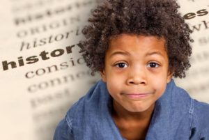 Photo illustration of a smiling child superimposed over an image of an open book.