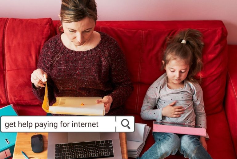 Mother and child on couch using devices.