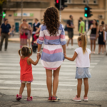 Mother and two children waiting at a crosswalk.