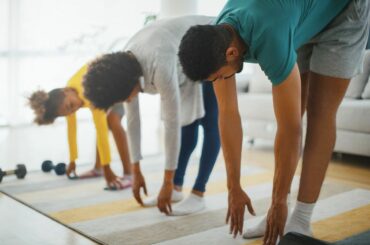Family doing stretches together.