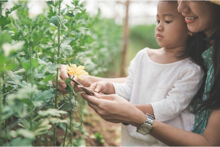 Mother and child inspecting a flower in the spring.