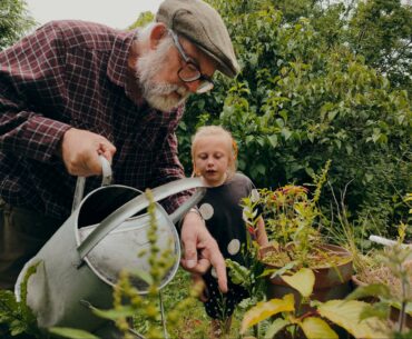 Photo of an older man and a child watering some plants in a garden.
