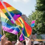 Hands holding rainbow flags at a Pride event.