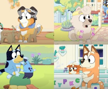 Bluey characters, including Bluey's teacher Calypso, Bluey's neighbor Wendy, Bluey's dad Bandit, and Bluey's mom Chilli