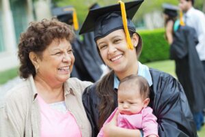 College graduate with baby and mom