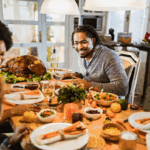 Family gathered around holiday table