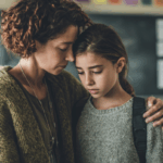 Mom comforting teen daughter