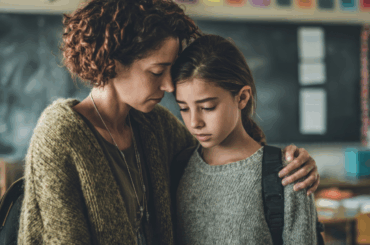 Mom comforting teen daughter