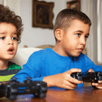 Young boys playing video game