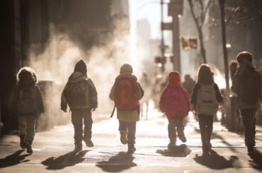Kids walking to school in winter