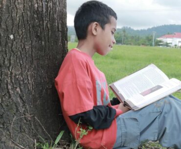 Boy reading book outdoors