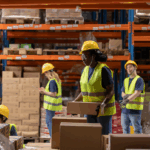 Warehouse workers managing inventory and logistics operations