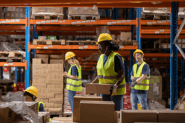 Warehouse workers managing inventory and logistics operations