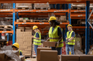 Warehouse workers managing inventory and logistics operations