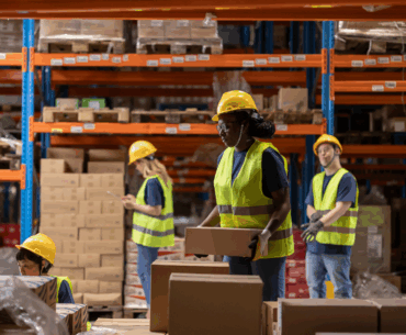 Warehouse workers managing inventory and logistics operations